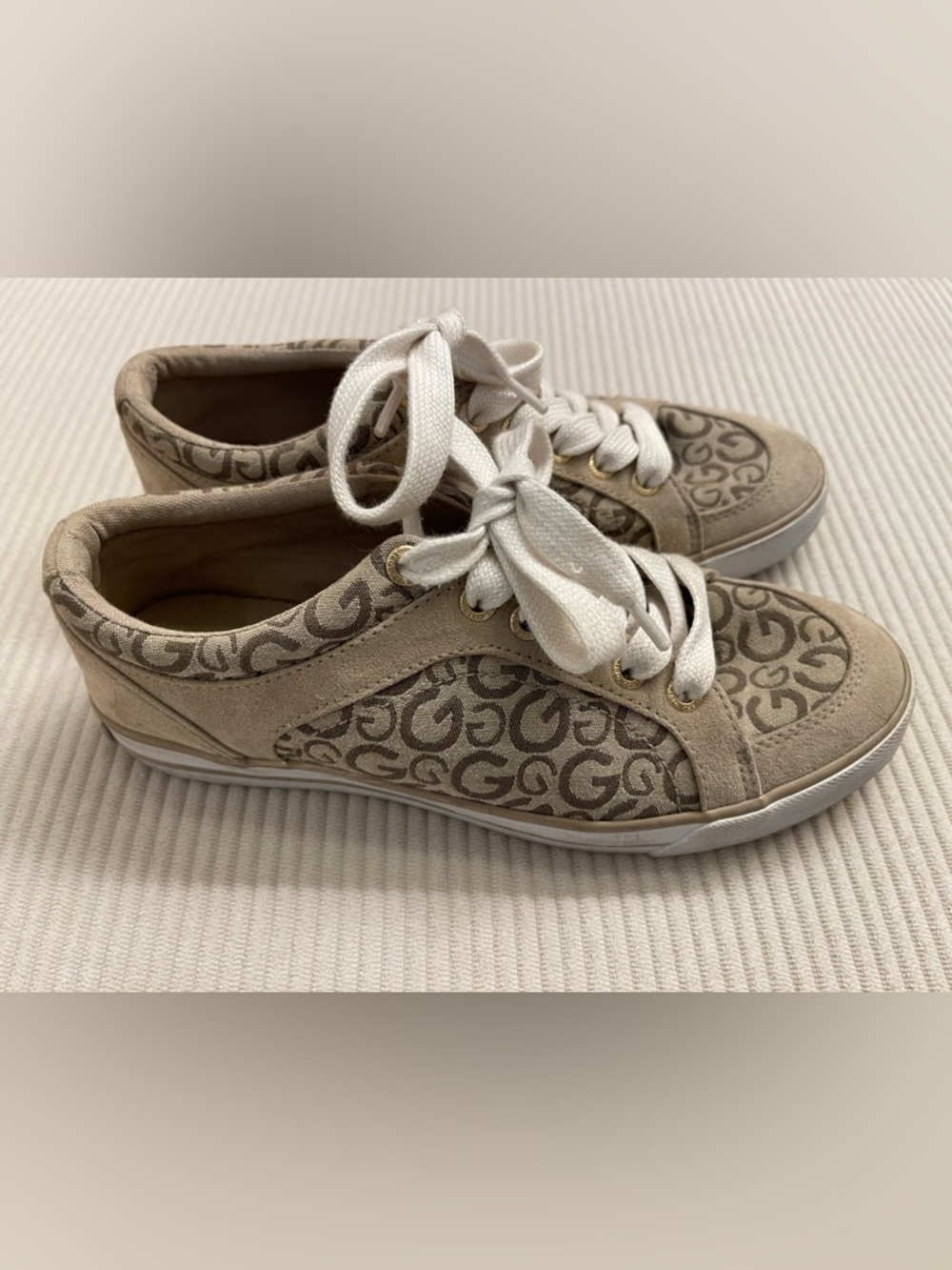 G by Guess Beige Monogram Lace-Up Sneakers with White Laces